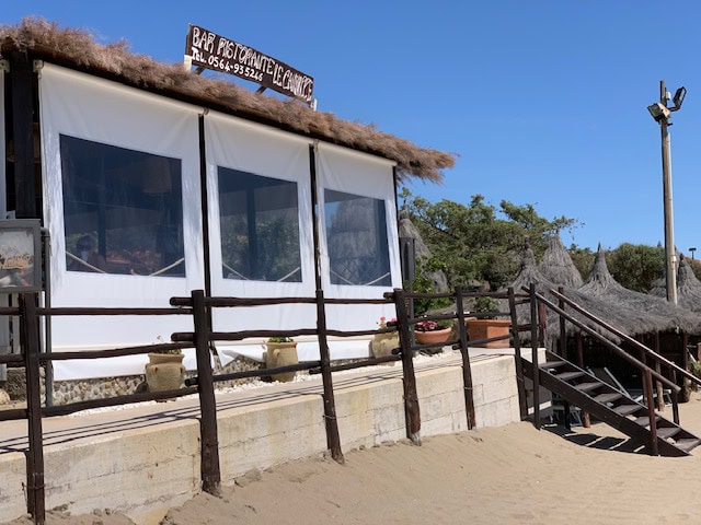 Bar sulla spiaggia con tetto di paglia e terrazza, Le Cannucce.